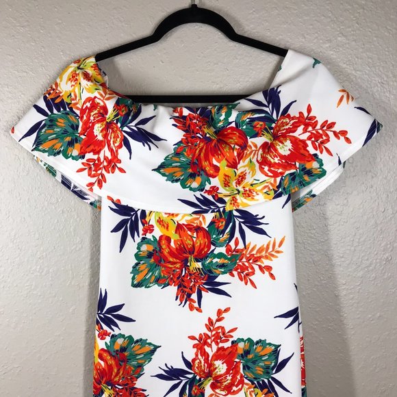 PrettyLittleThing White w/ Floral Bardot Printed Dress - Picture 3 of 14